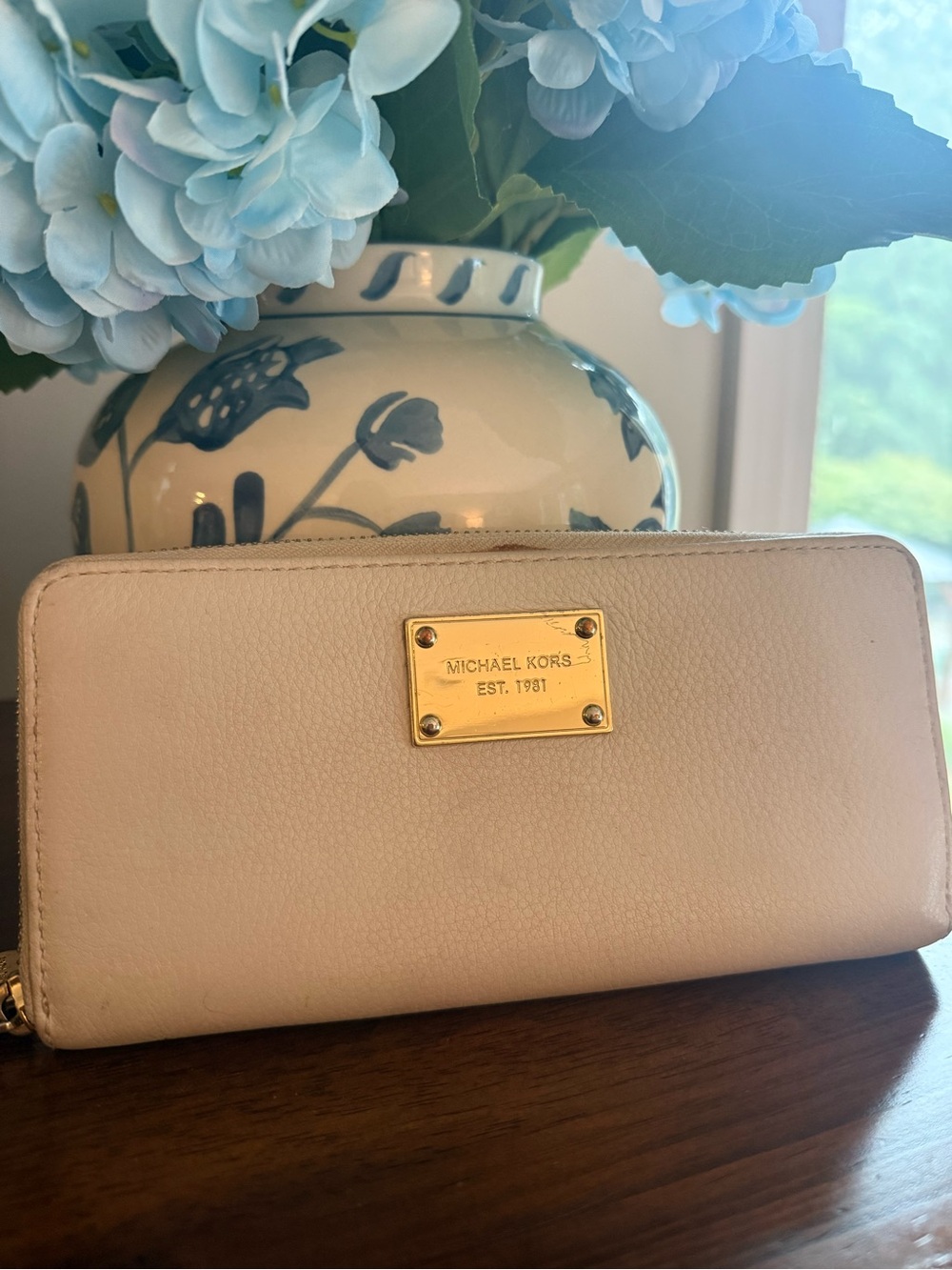 Michael Kors Cream Leather Zip-Around Wallet with Gold Plate